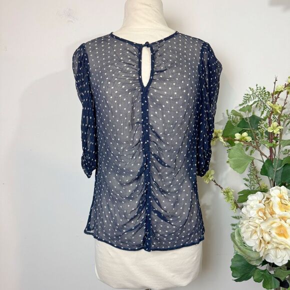 Frame Denim Tops - 🖤🔥 FRAME Sheer Navy Polka Dot Ruched Puff Sleeve Top Medium